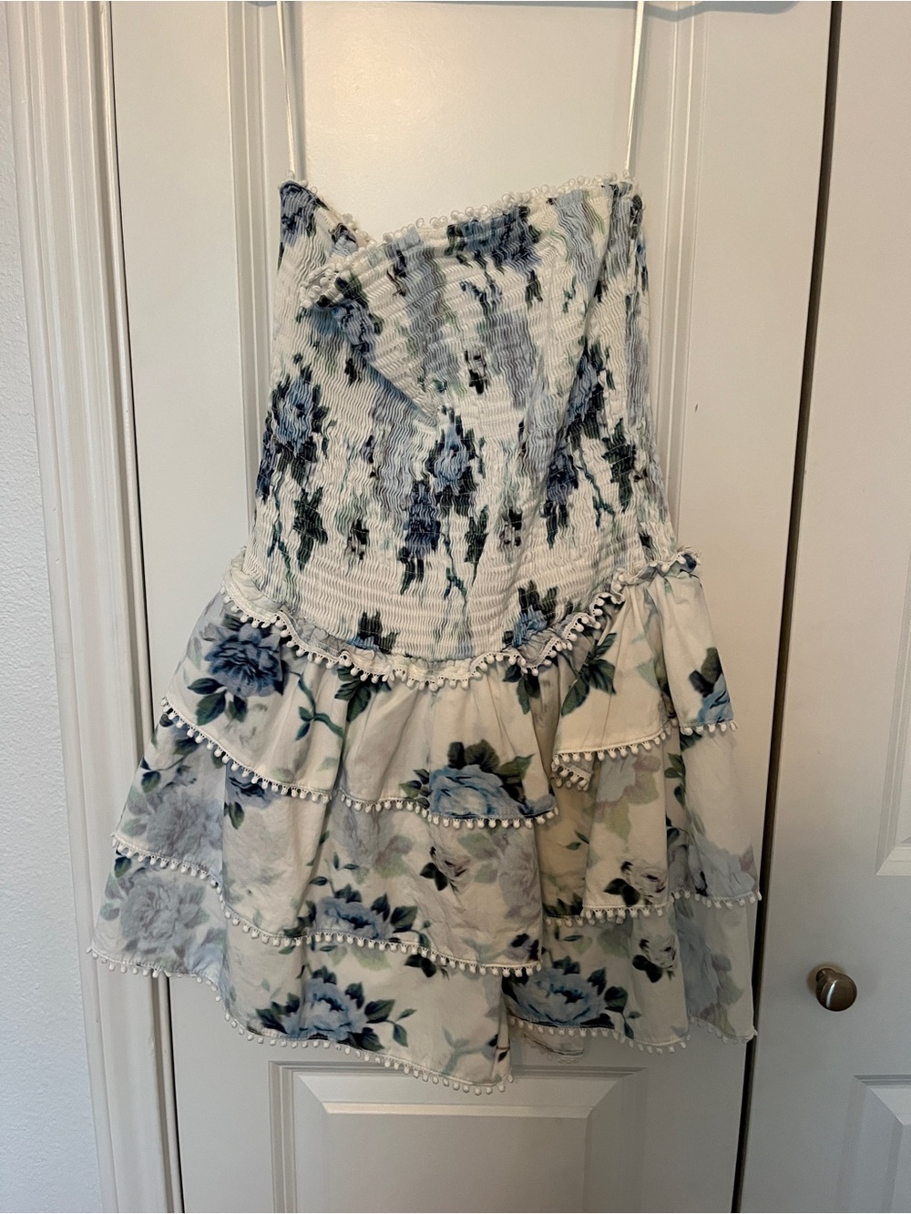 Princess Polly White and Blue Smocked strapless dress